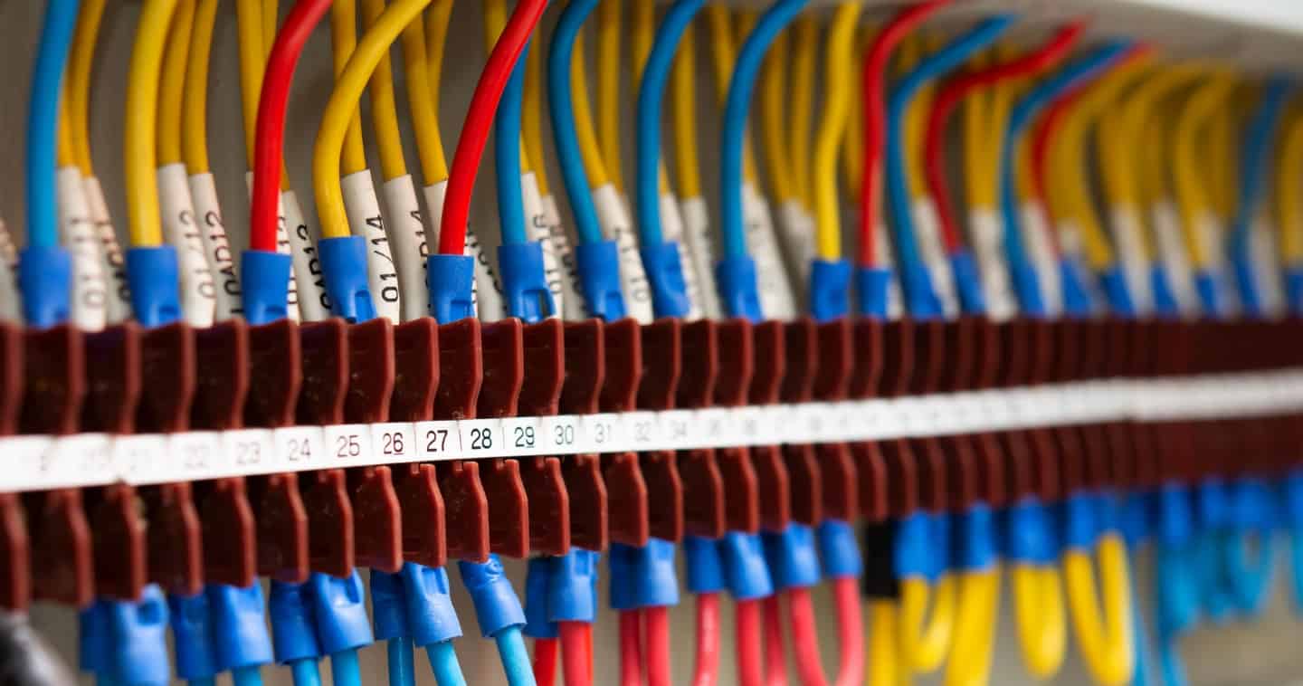 Electrical switchboard with red, blue and yellow wires